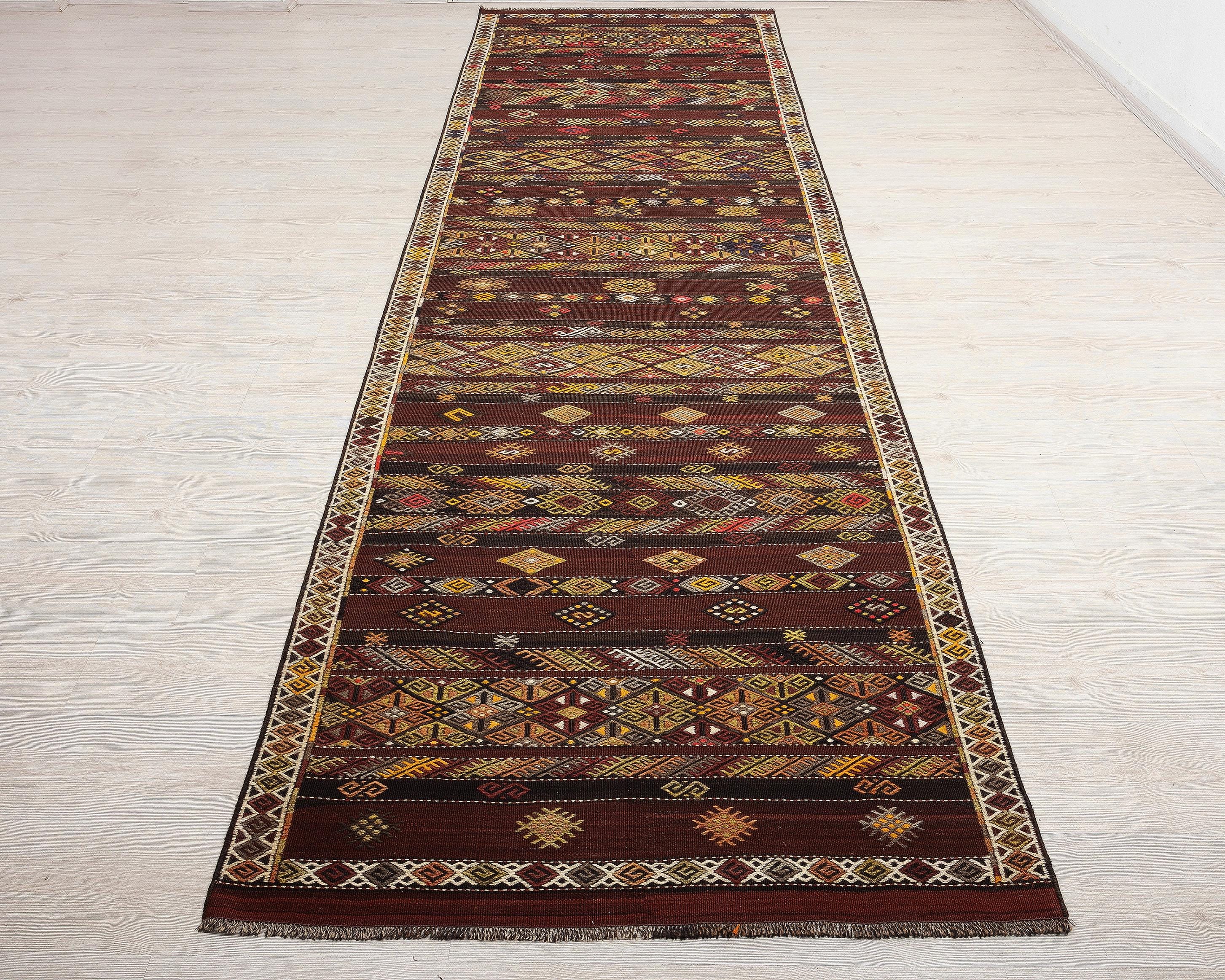 4 x 13 Handwoven Brown Wool Kilim Runner Rug.