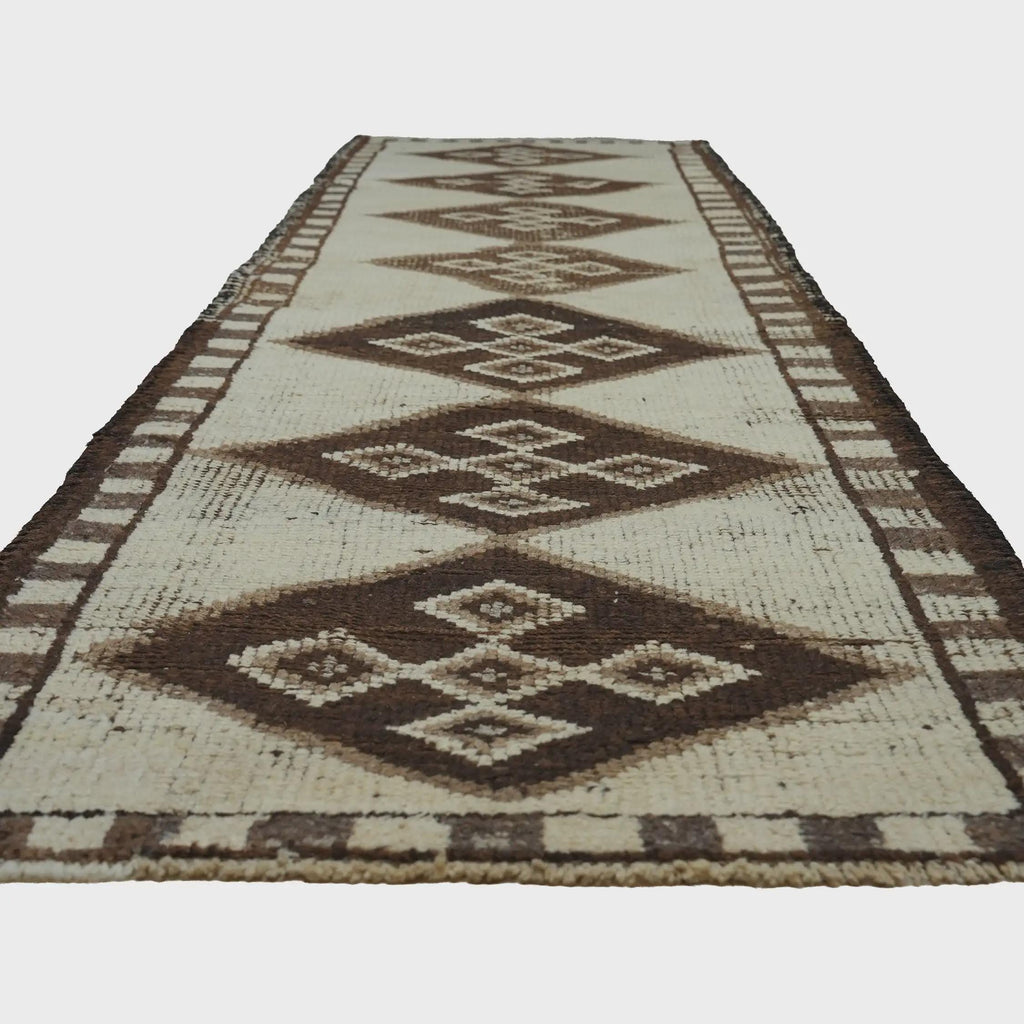3x10 Handmade Turkish Wool Runner Rug - Brown Ivory Vintage Hallway Rug