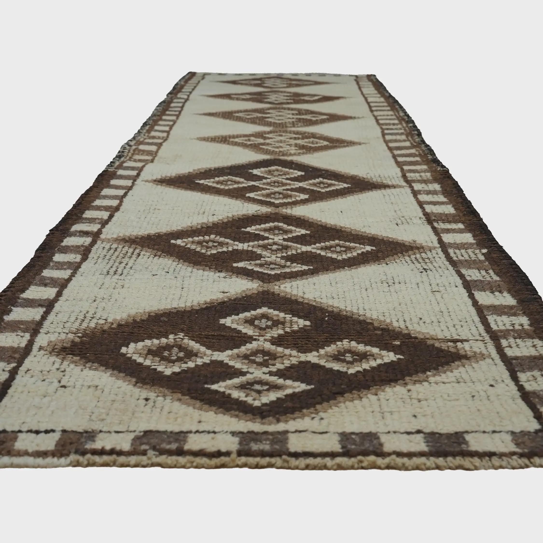 3x10 Handmade Turkish Wool Runner Rug - Brown Ivory Vintage Hallway Rug