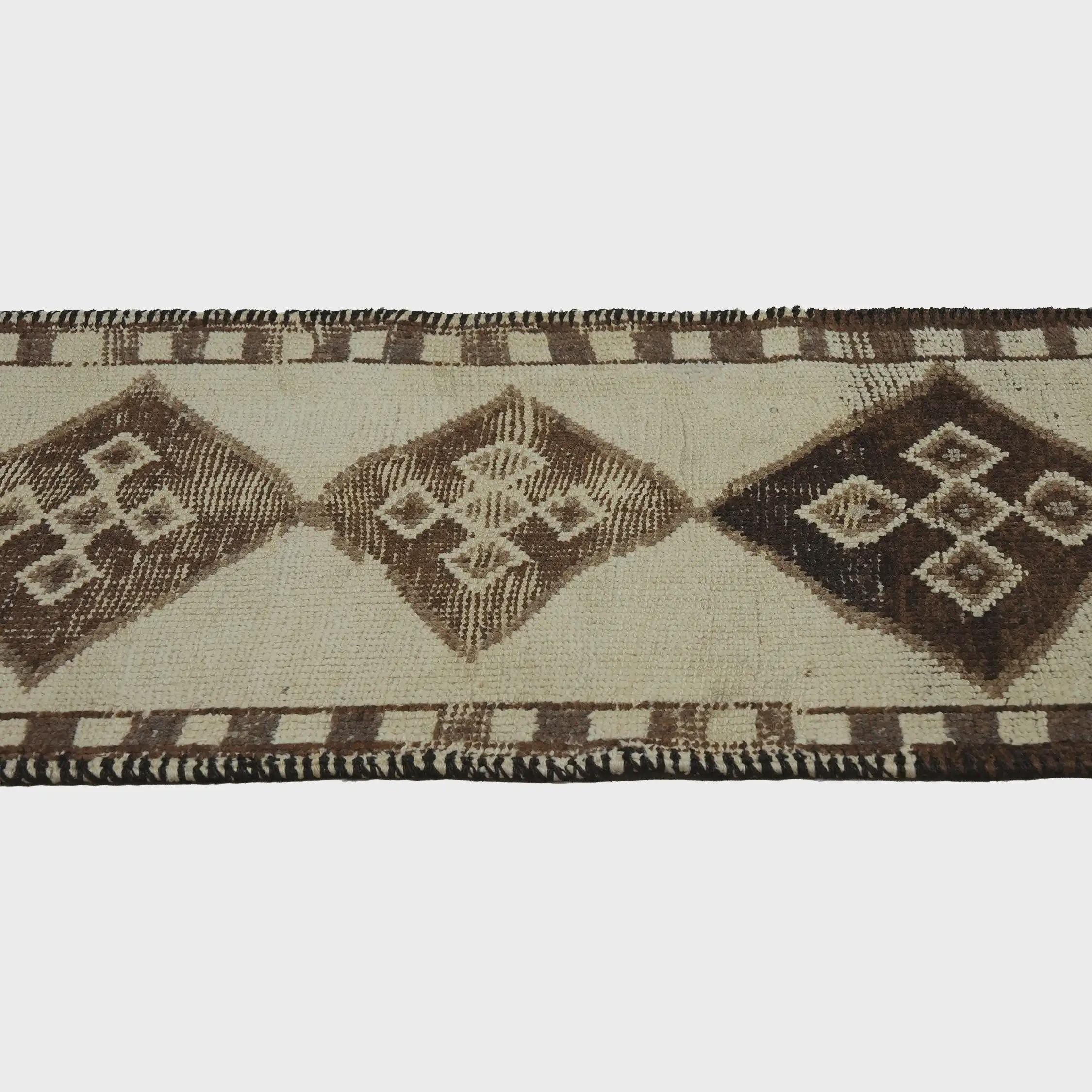 3x10 Handmade Turkish Wool Runner Rug - Brown Ivory Vintage Hallway Rug